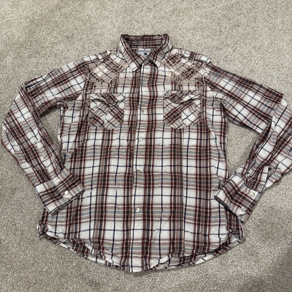 Buckle Pop Icon Clothing Shirt Men’s Small Multicolor Plaid Pearl Snap Western